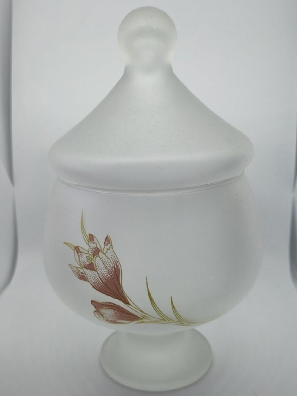 Paşabahçe Frosted Glass Pedestal Candy Dish with Lid Floral Tulip Design Compote